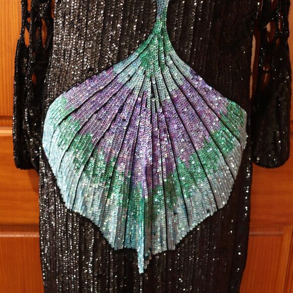 Vintage 80s Silk Sequin Peacock Butterfly Evening Gown Maxi Dress - Picture 8 of 16